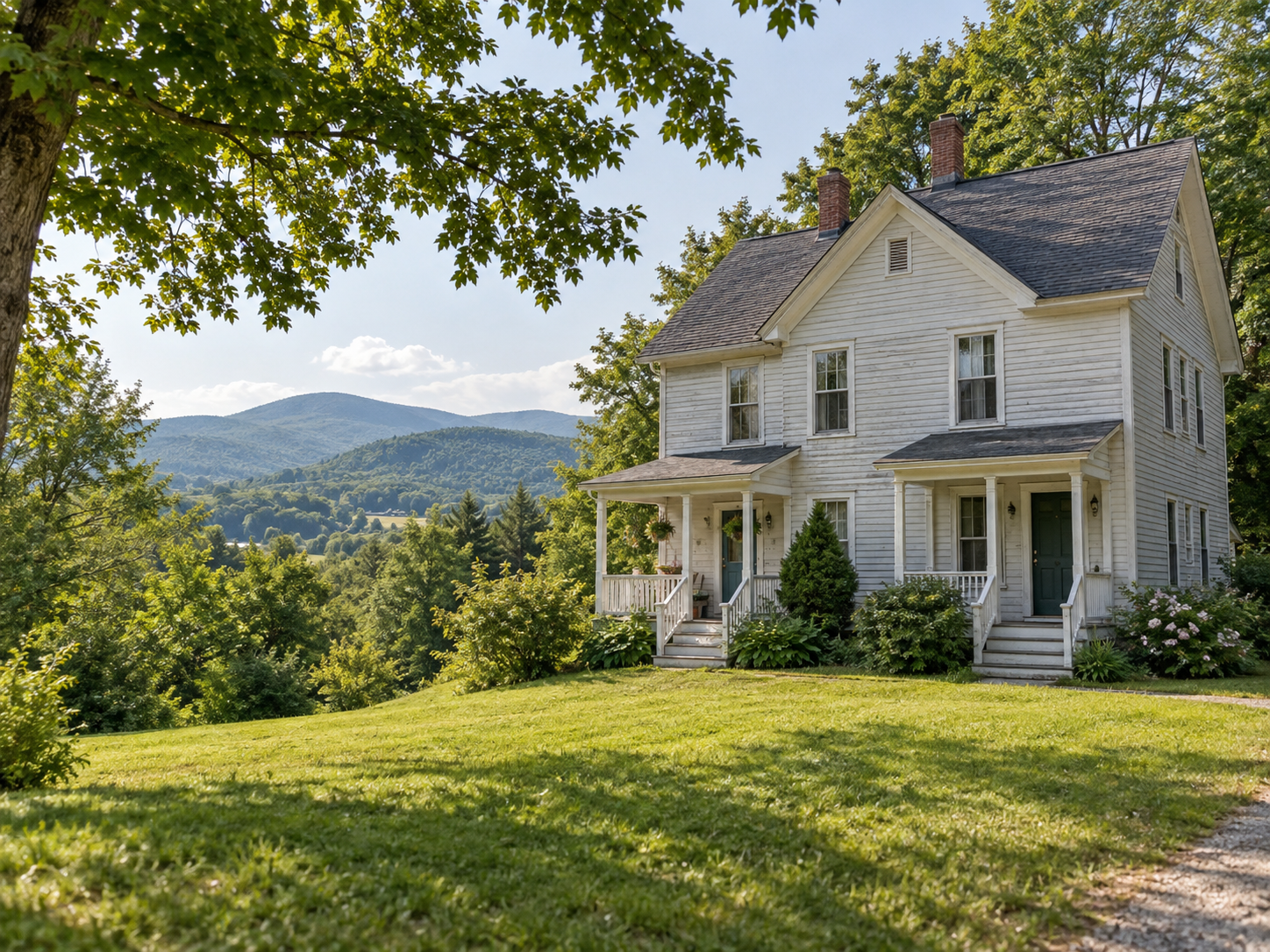 Illustration of an older Vermont duplex with porches and trees